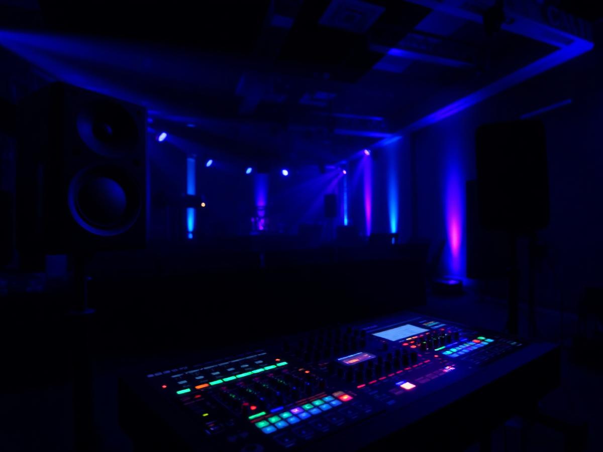 Professional DJ mixer, speakers, and uplighting set up before an event