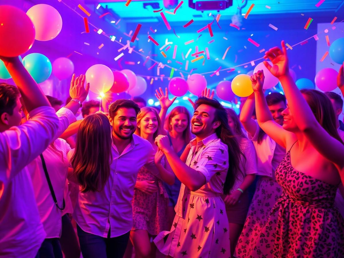 Guests dancing at a colorful birthday celebration with confetti