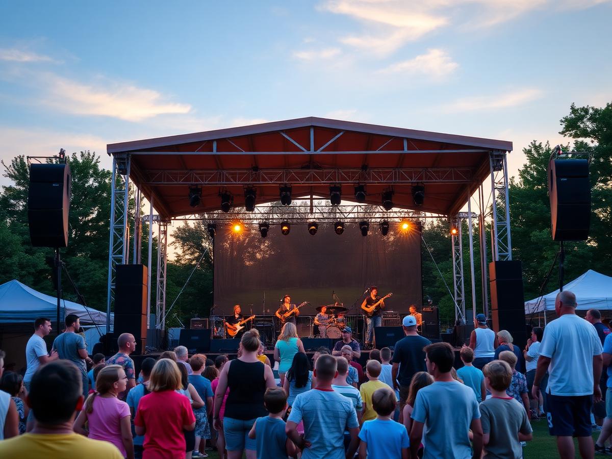 Outdoor event stage with speakers and lighting at dusk