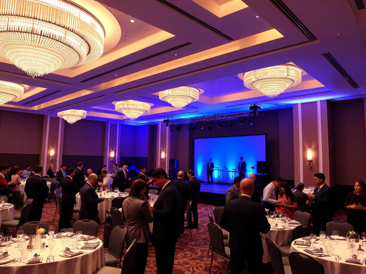 Upscale corporate ballroom event with stage lighting and guests networking