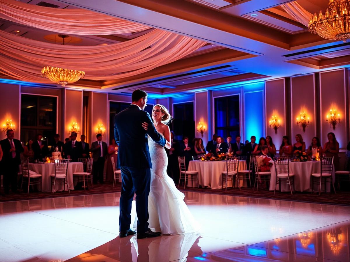 Newlyweds sharing a first dance under warm and blue reception lighting