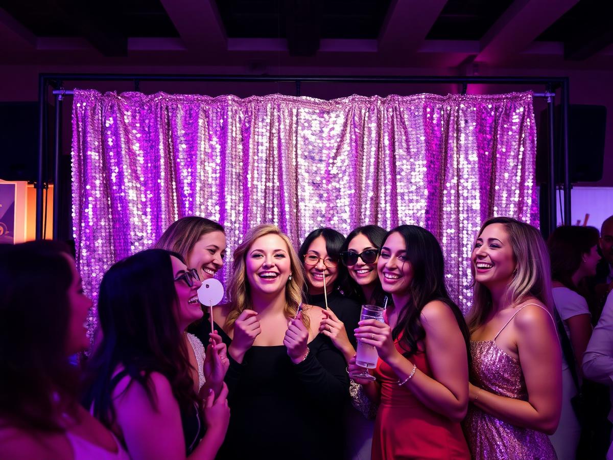 Guests posing with props in front of a sequin photo-booth backdrop